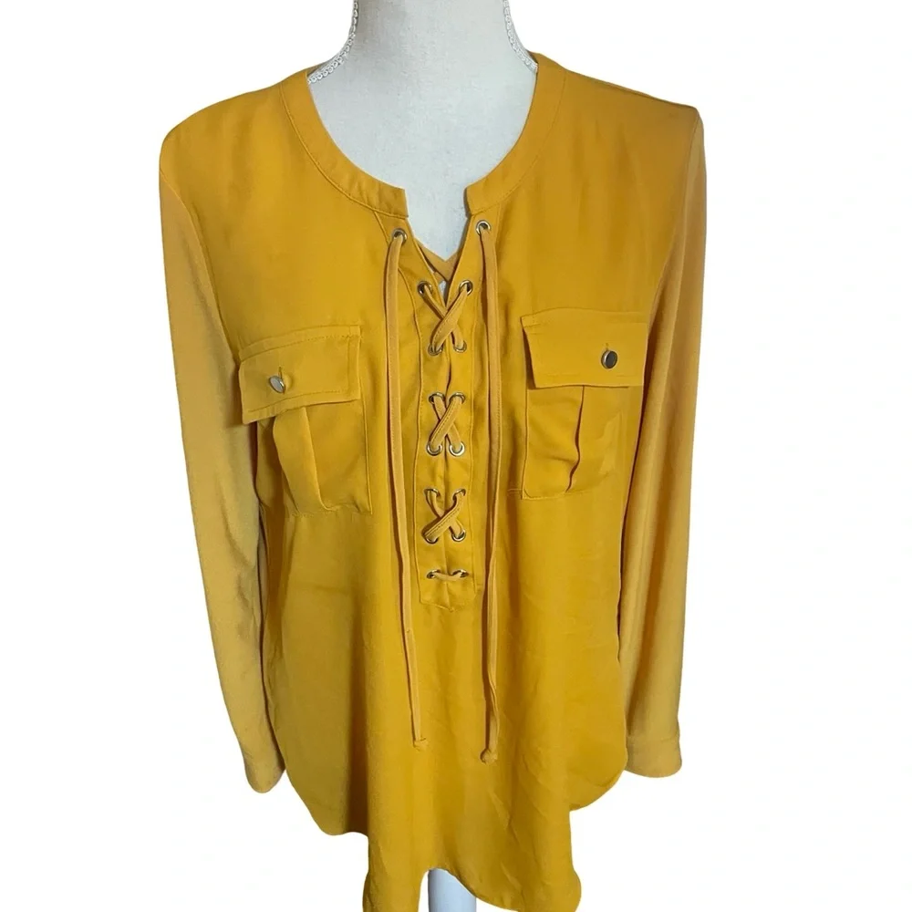 Nygard lace up blouse long roll up tab sleeve MEDIUM marigold pockets spandex - Picture 4 of 16